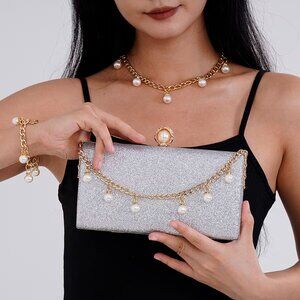 3 Piece Set Silver Clutch Crossbody Handbag Pearl Bracelet & Chain